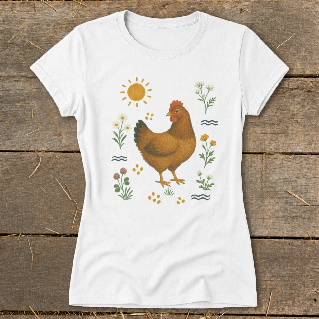 White t-shirt with a brown hen and flowers graphic design.