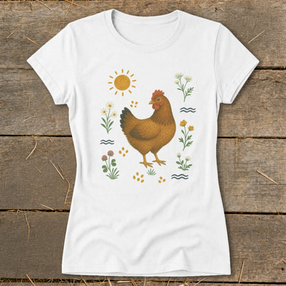 White t-shirt with a brown hen and flowers graphic design.