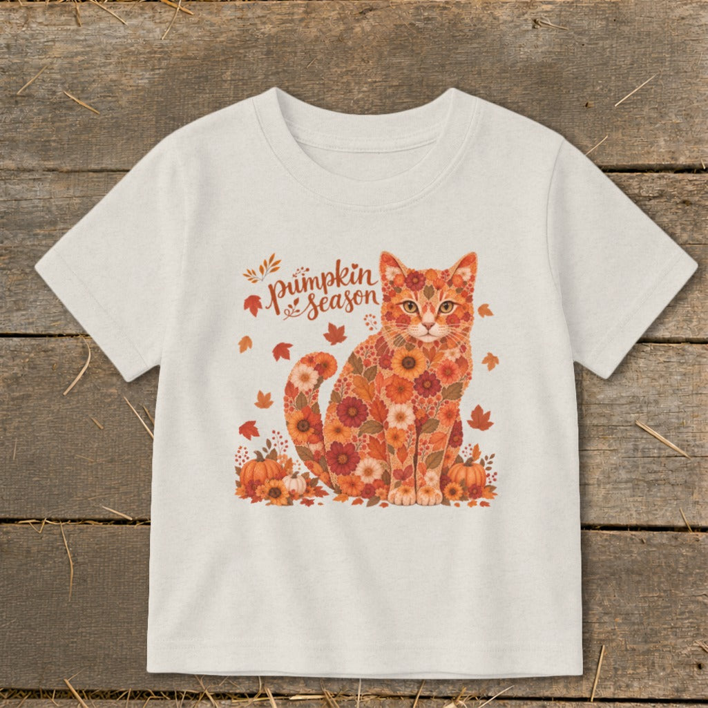 Cream t-shirt with a floral cat, pumpkins, and "pumpkin season" text.
