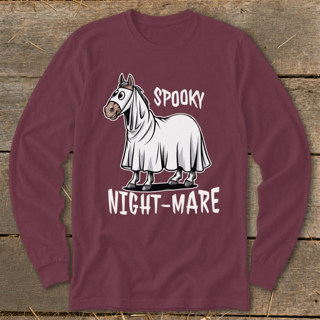 Maroon long-sleeve shirt with cartoon horse wearing ghost costume and text "SPOOKY NIGHT-MARE".