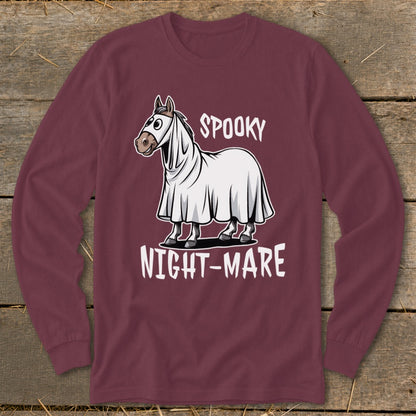 Maroon long-sleeve shirt with cartoon horse wearing ghost costume and text "SPOOKY NIGHT-MARE".