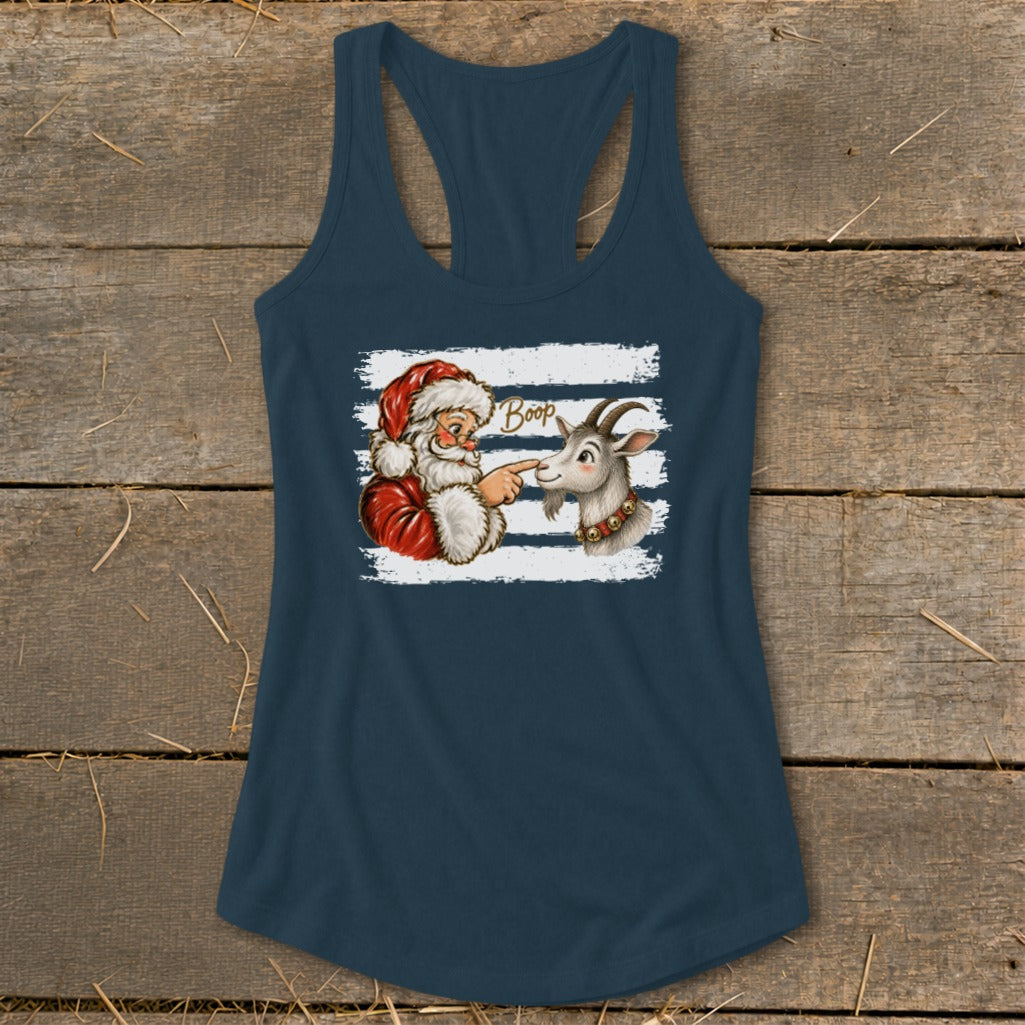 Santa booping a goat's nose with "Boop" text on a white striped background.