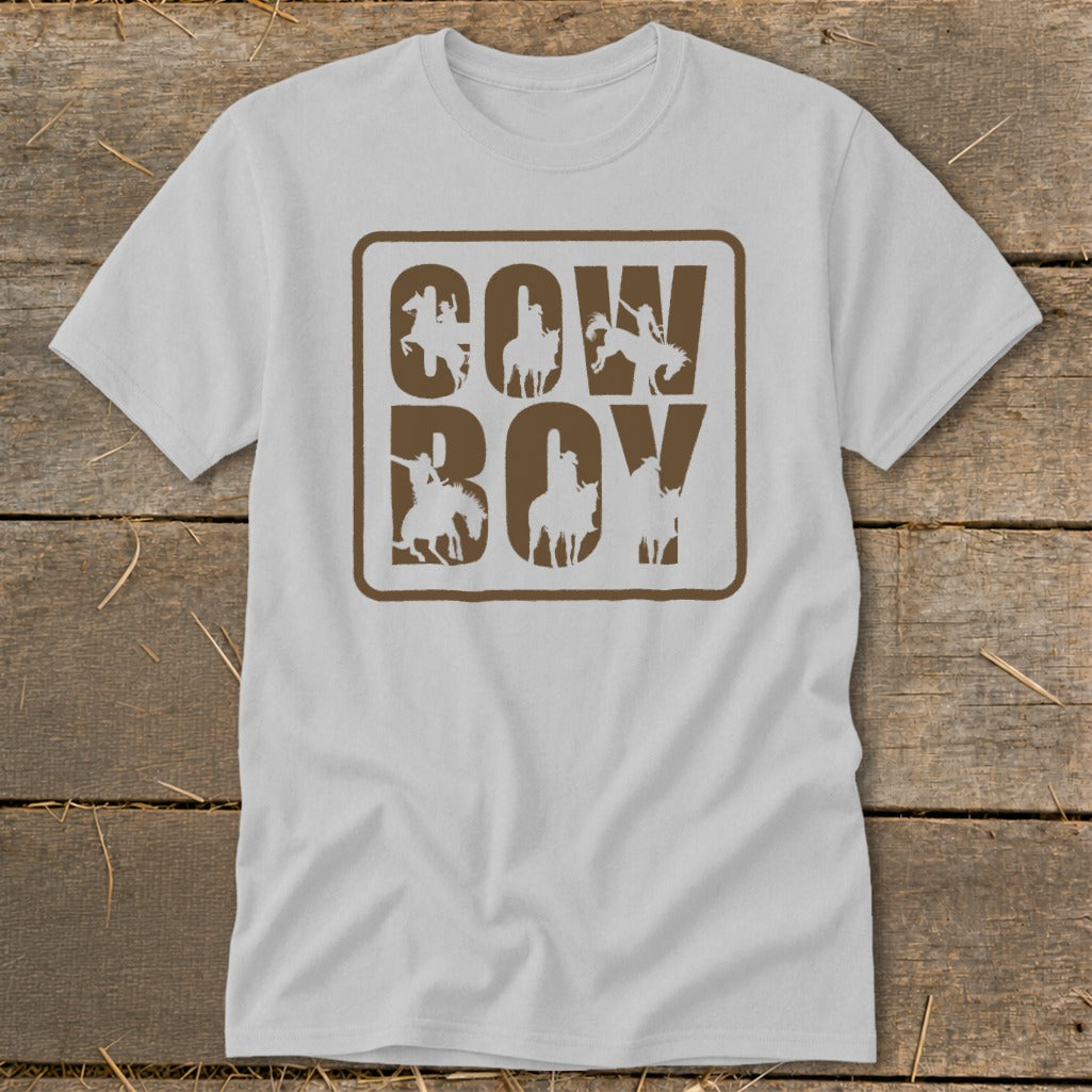 White t-shirt with brown "Cowboy" text and cowboy silhouettes.