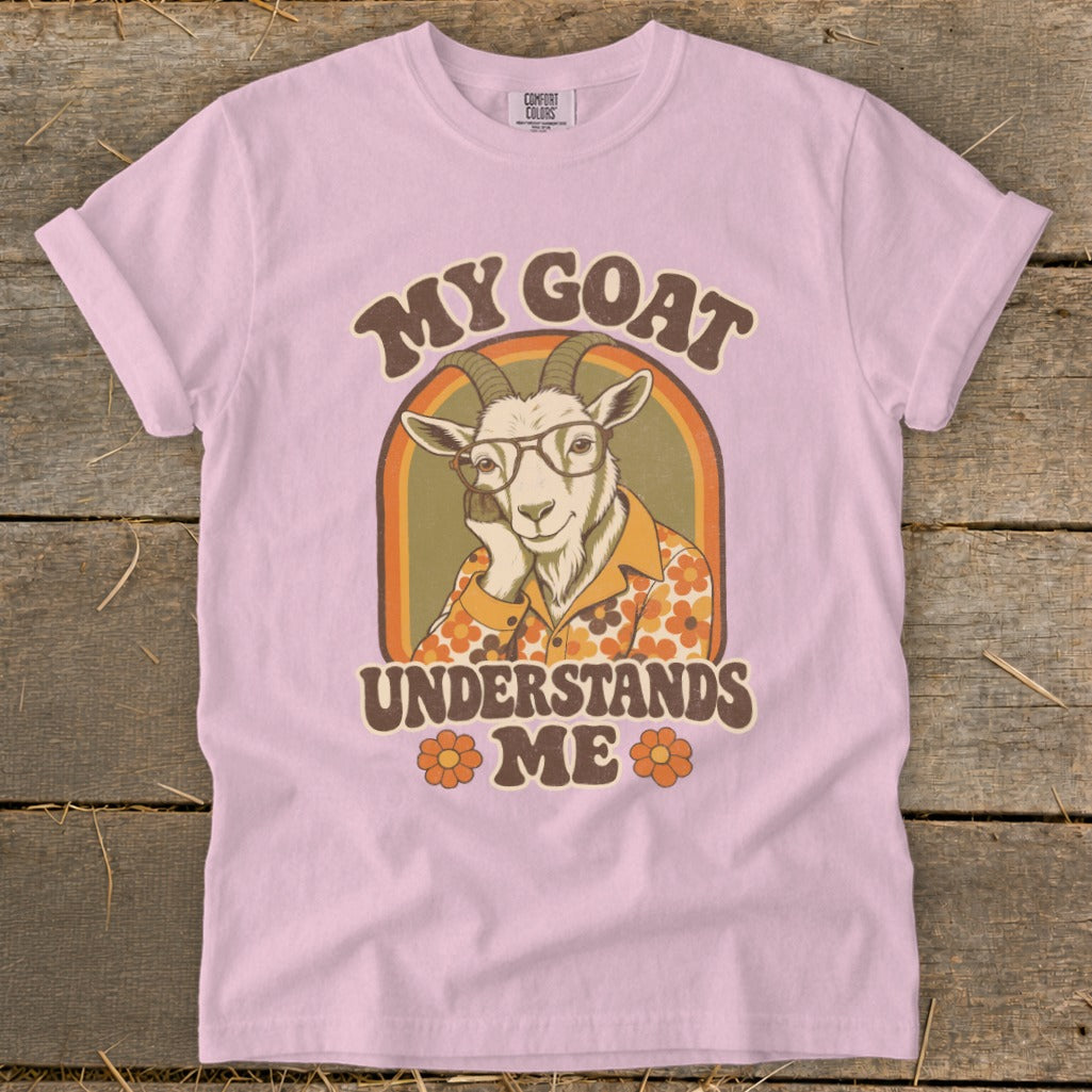 Goat with glasses and floral shirt says "MY GOAT UNDERSTANDS ME".