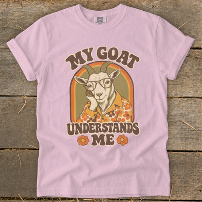 Goat with glasses and floral shirt says "MY GOAT UNDERSTANDS ME".