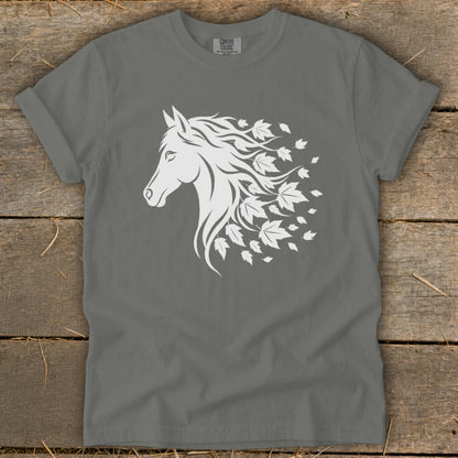 Grey t-shirt with white horse head and flowing mane made of leaves.