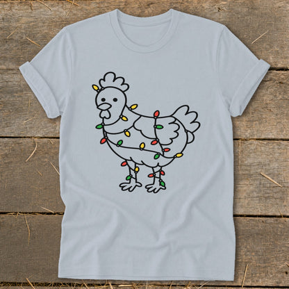 Line art chicken wrapped in colorful holiday lights on a light grey t-shirt.