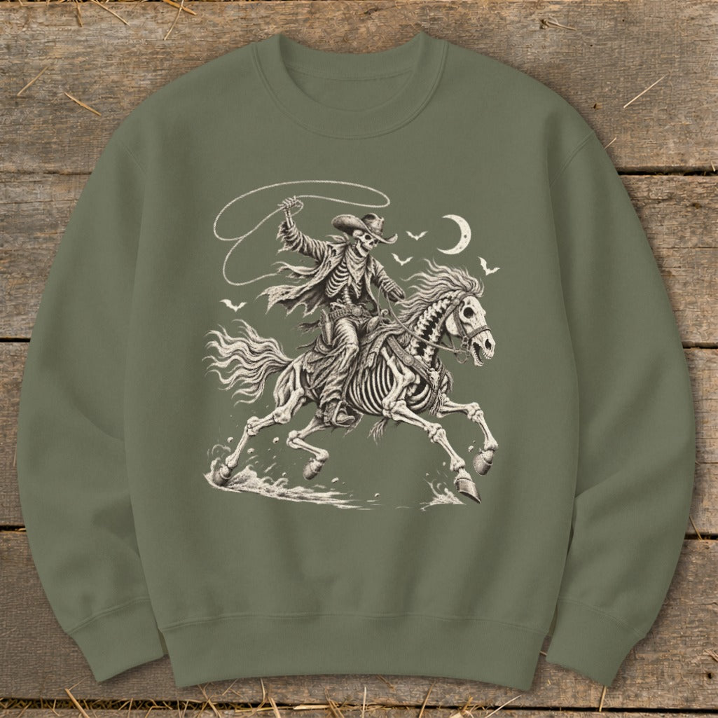 Skeleton cowboy riding a horse with a lasso under a crescent moon and birds.