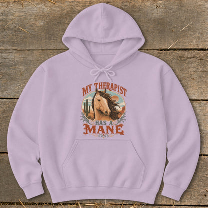 Light purple hoodie with a graphic that reads "My Therapist Has A Mane" and a horse illustration.