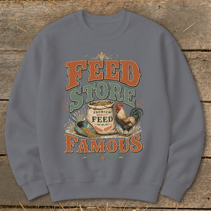 Crewneck sweatshirt with "Feed Store Famous" text, a sack of feed, a scoop, and a rooster.