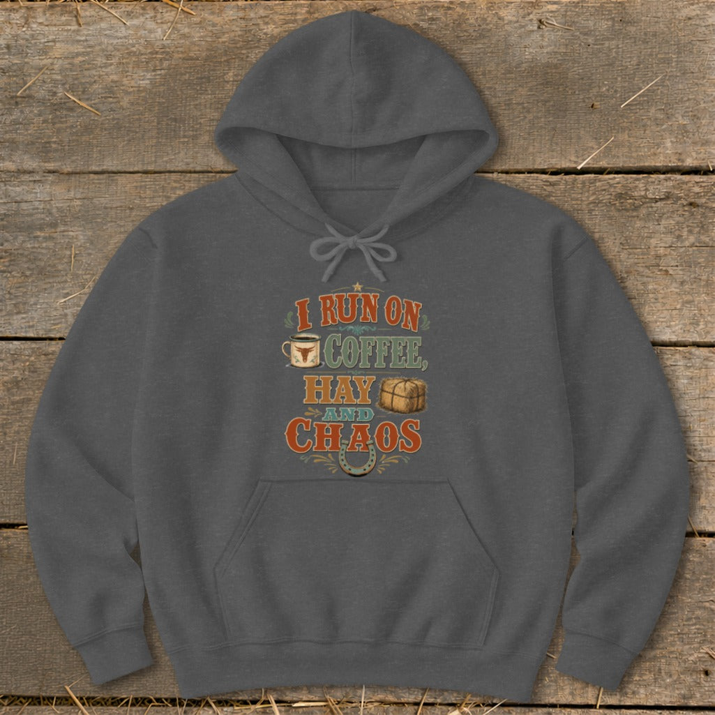 Grey hoodie with "I run on coffee, hay, and chaos" graphic.