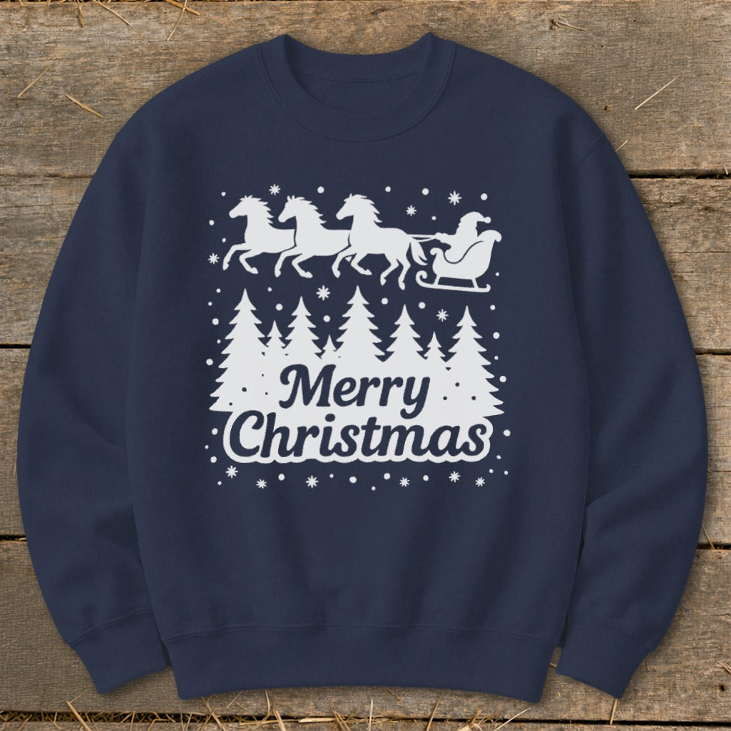 Navy sweatshirt with white Christmas design featuring Santa in a sleigh pulled by horses over trees.