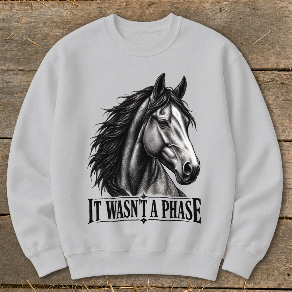 Light gray sweatshirt with black sketch of a horse head and "IT WASN'T A PHASE" text.
