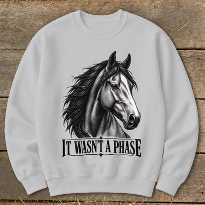 Light gray sweatshirt with black sketch of a horse head and "IT WASN'T A PHASE" text.