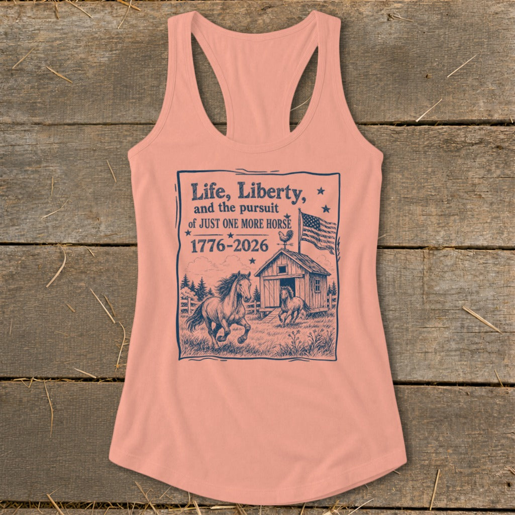 Peach tank top with graphic of horses, barn, flag, and text about liberty.