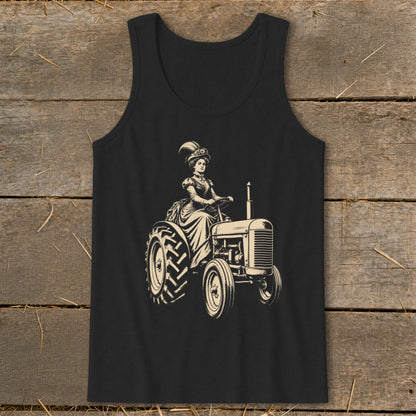 Black tank top with vintage drawing of woman in period dress driving a tractor.