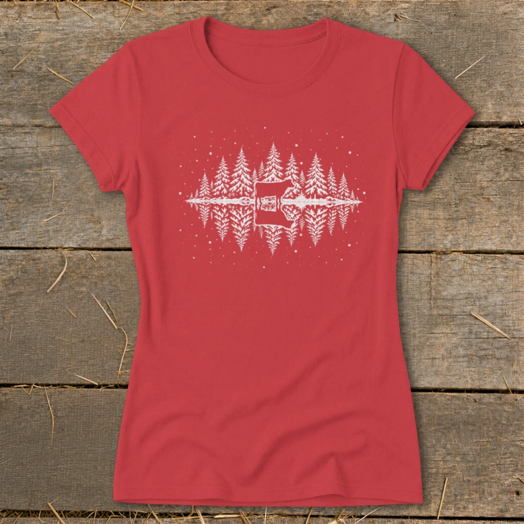 Red t-shirt with a white graphic of pine trees and a cabin reflected in water.