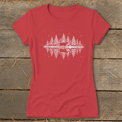 Red t-shirt with a white graphic of pine trees and a cabin reflected in water.