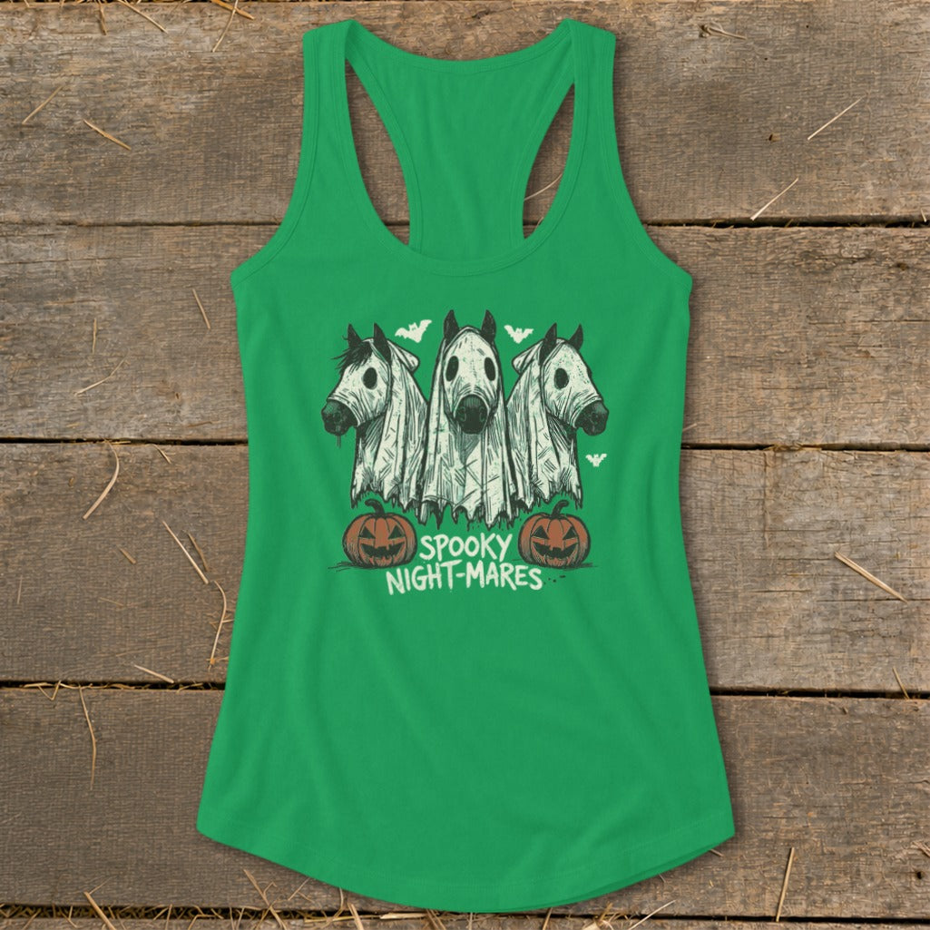 Green tank top with "Spooky Night-Mares" text and three horses in ghost costumes.
