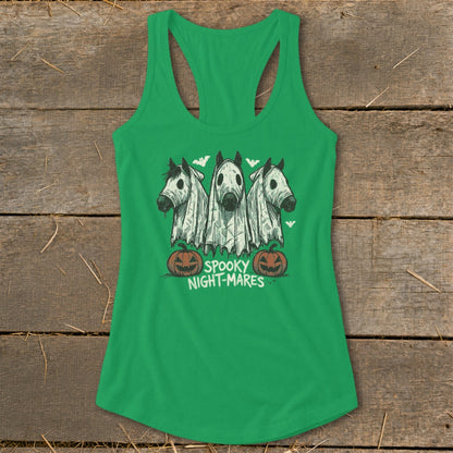 Green tank top with "Spooky Night-Mares" text and three horses in ghost costumes.