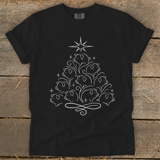 Black t-shirt with a white line drawing of a Christmas tree made of pigs.