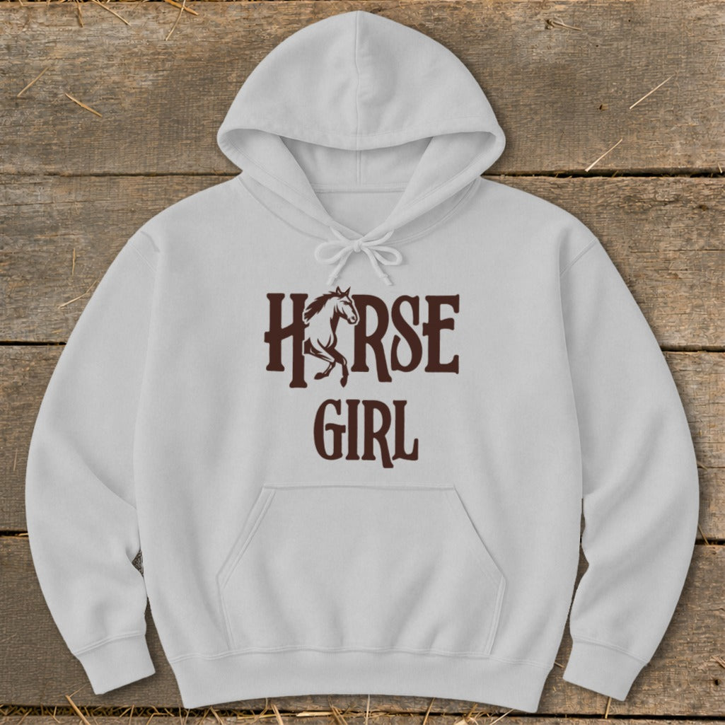 White hoodie with "Horse Girl" text and a horse graphic.