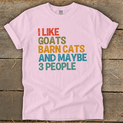 Pink t-shirt with "I LIKE GOATS BARN CATS AND MAYBE 3 PEOPLE" text.
