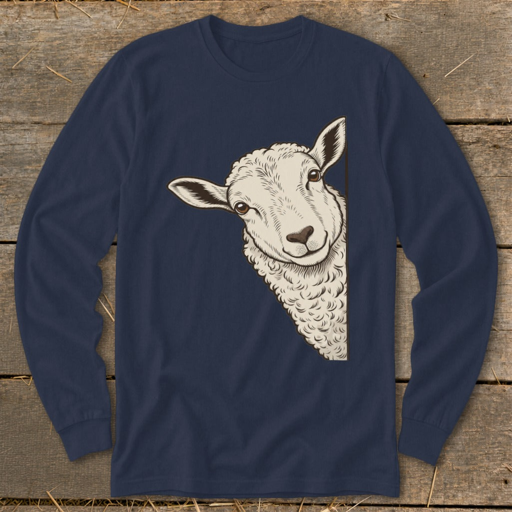 Long-sleeve navy shirt with a peeking sheep illustration on the left side.