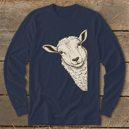 Long-sleeve navy shirt with a peeking sheep illustration on the left side.