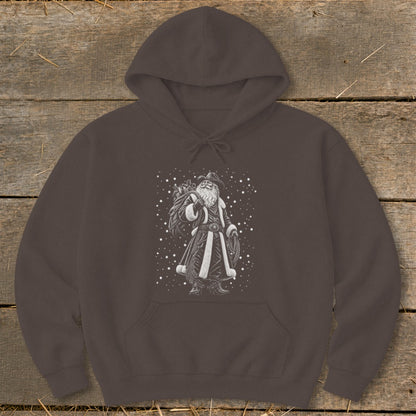 Brown hoodie with a cowboy Santa Claus graphic and falling snow.