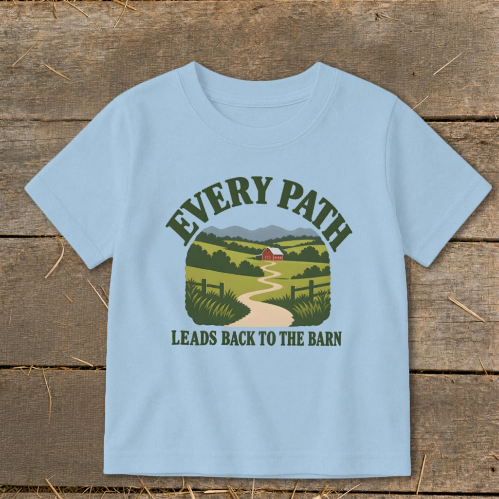 Light blue t-shirt with a curved graphic of "EVERY PATH LEADS BACK TO THE BARN".