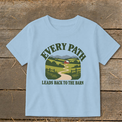 Light blue t-shirt with a curved graphic of "EVERY PATH LEADS BACK TO THE BARN".