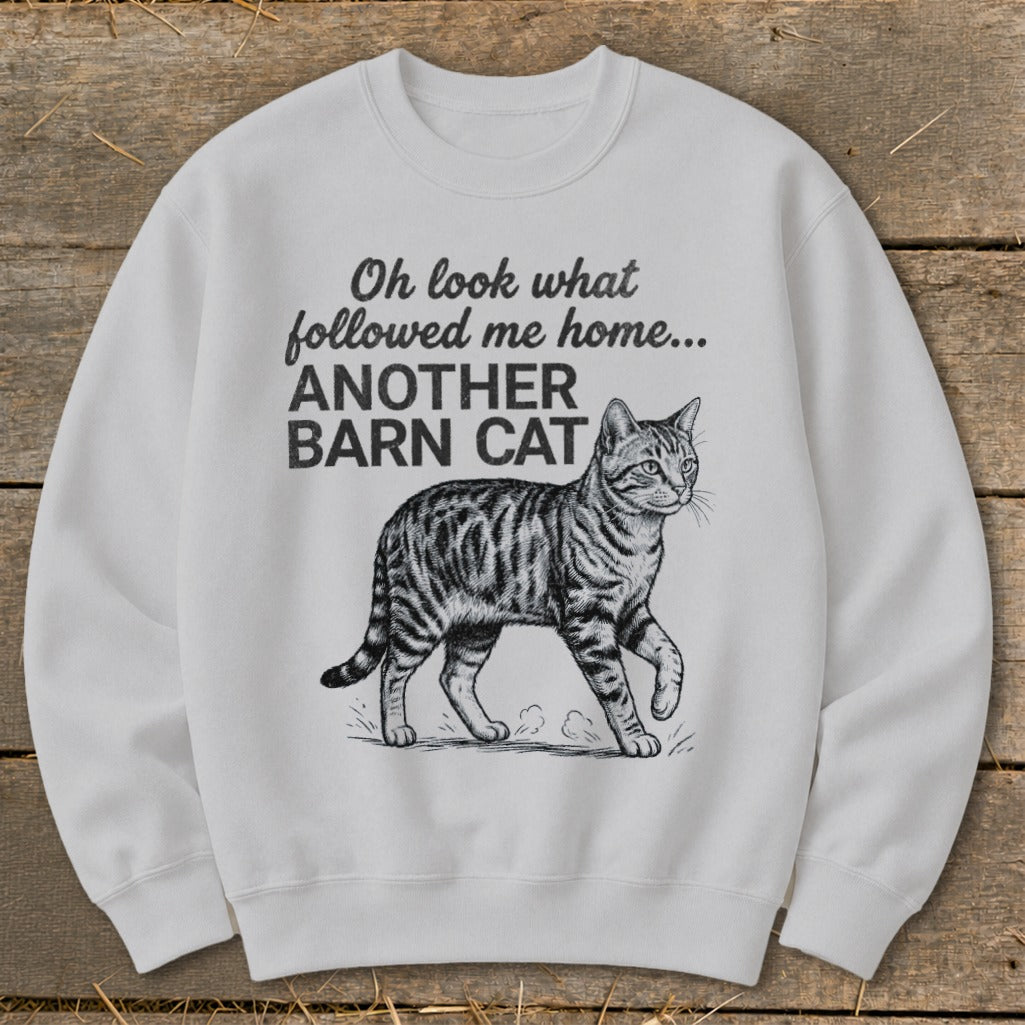 Sweatshirt with text "Oh look what followed me home... ANOTHER BARN CAT" and a cat illustration.
