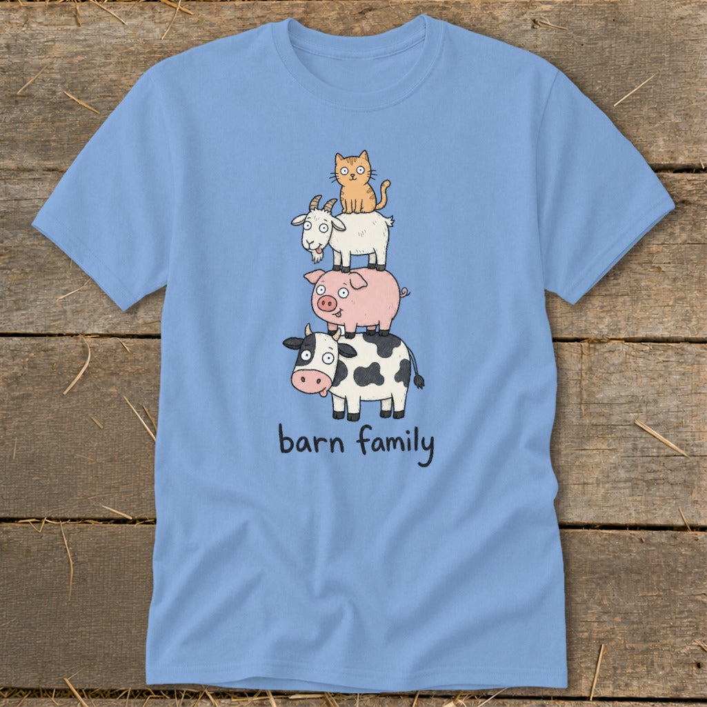 Light blue t-shirt with cartoon cow, pig, goat, and cat stacked, reading "barn family".