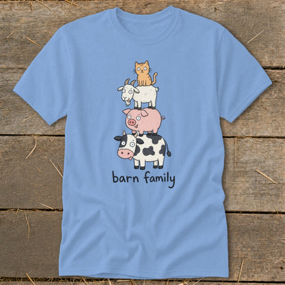 Light blue t-shirt with cartoon cow, pig, goat, and cat stacked, reading "barn family".