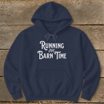Navy hoodie with white text reading "Running on Barn Time."