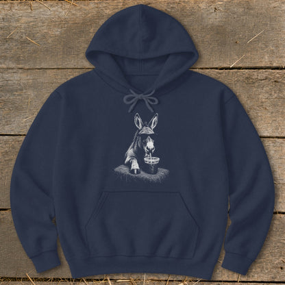Navy hoodie with sketch of a donkey wearing sunglasses, drinking from a cup.