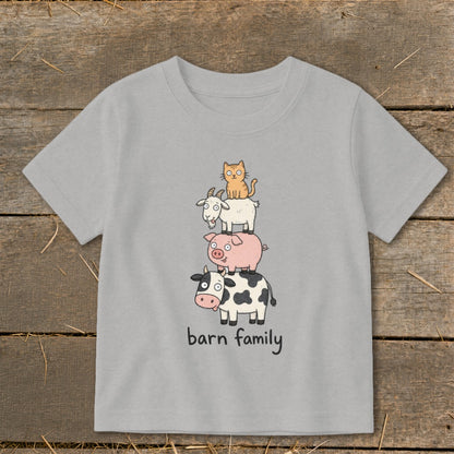 Gray t-shirt with cartoon cow, pig, goat, and cat stack, reads "barn family".