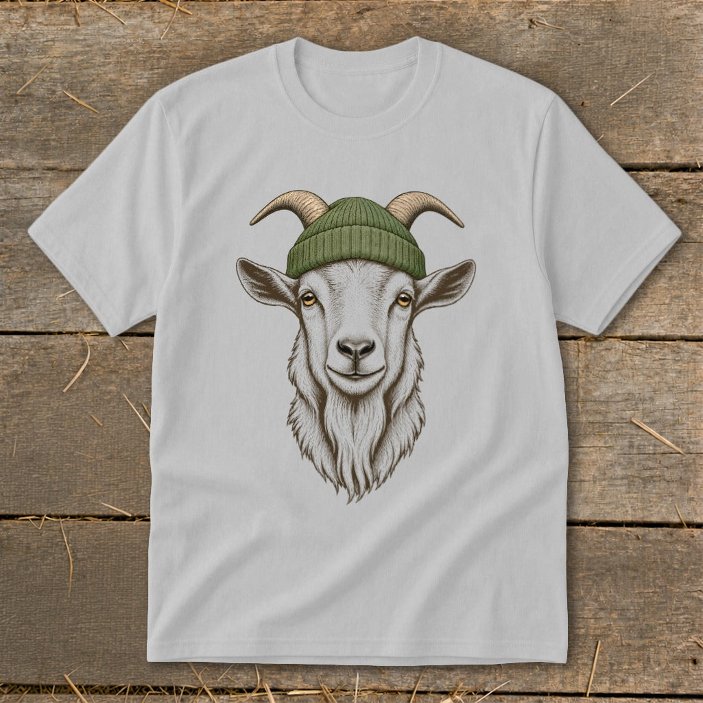 White t-shirt with a drawing of a goat wearing a green beanie.