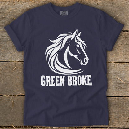Navy blue crew neck t-shirt featuring a white horse head logo and the text GREEN BROKE.
