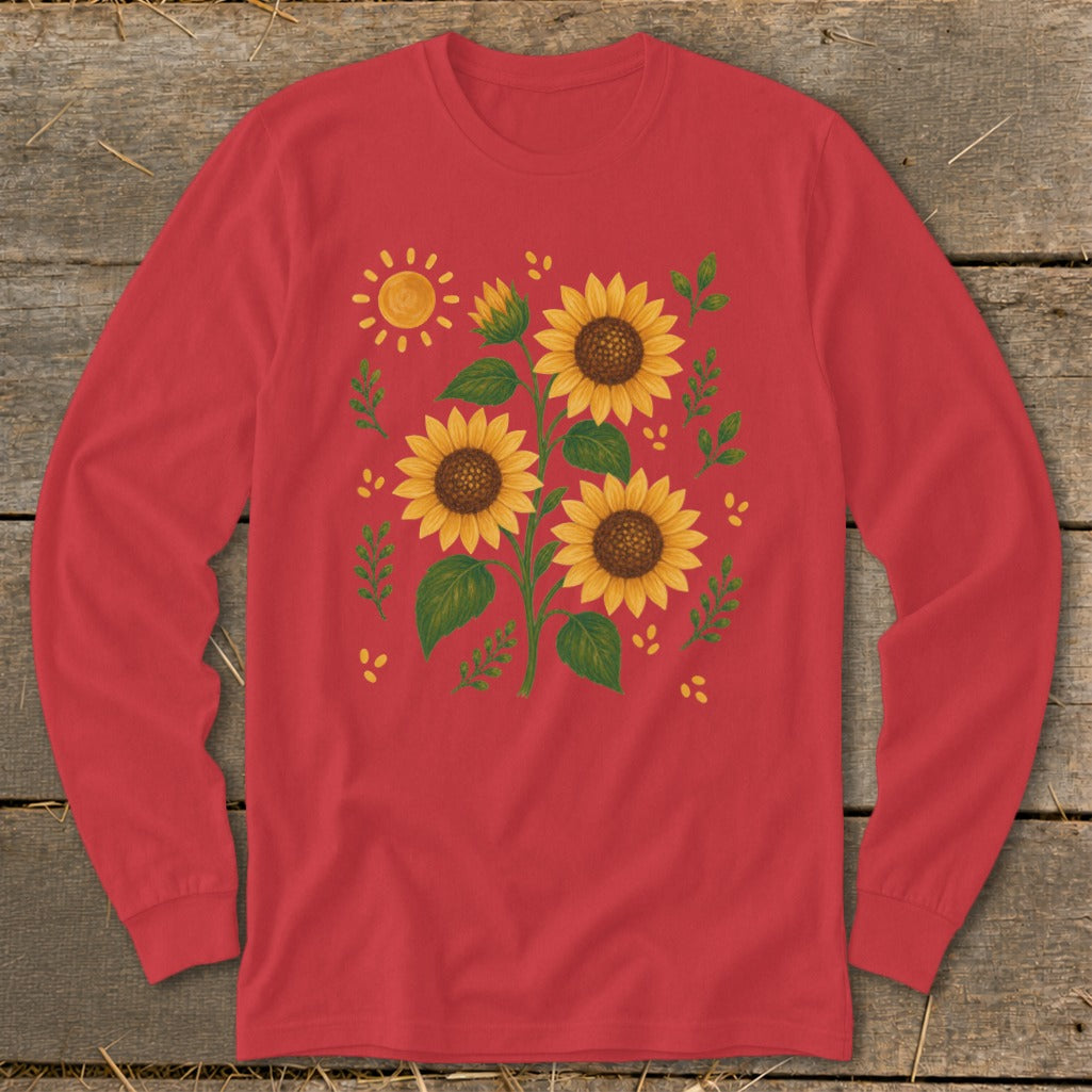 Red long-sleeve shirt with a sunflower and sun graphic.