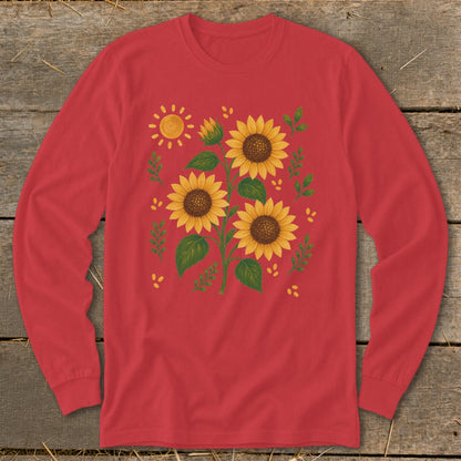 Red long-sleeve shirt with a sunflower and sun graphic.