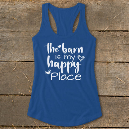 Blue racerback tank top with white text "the barn is my happy place".