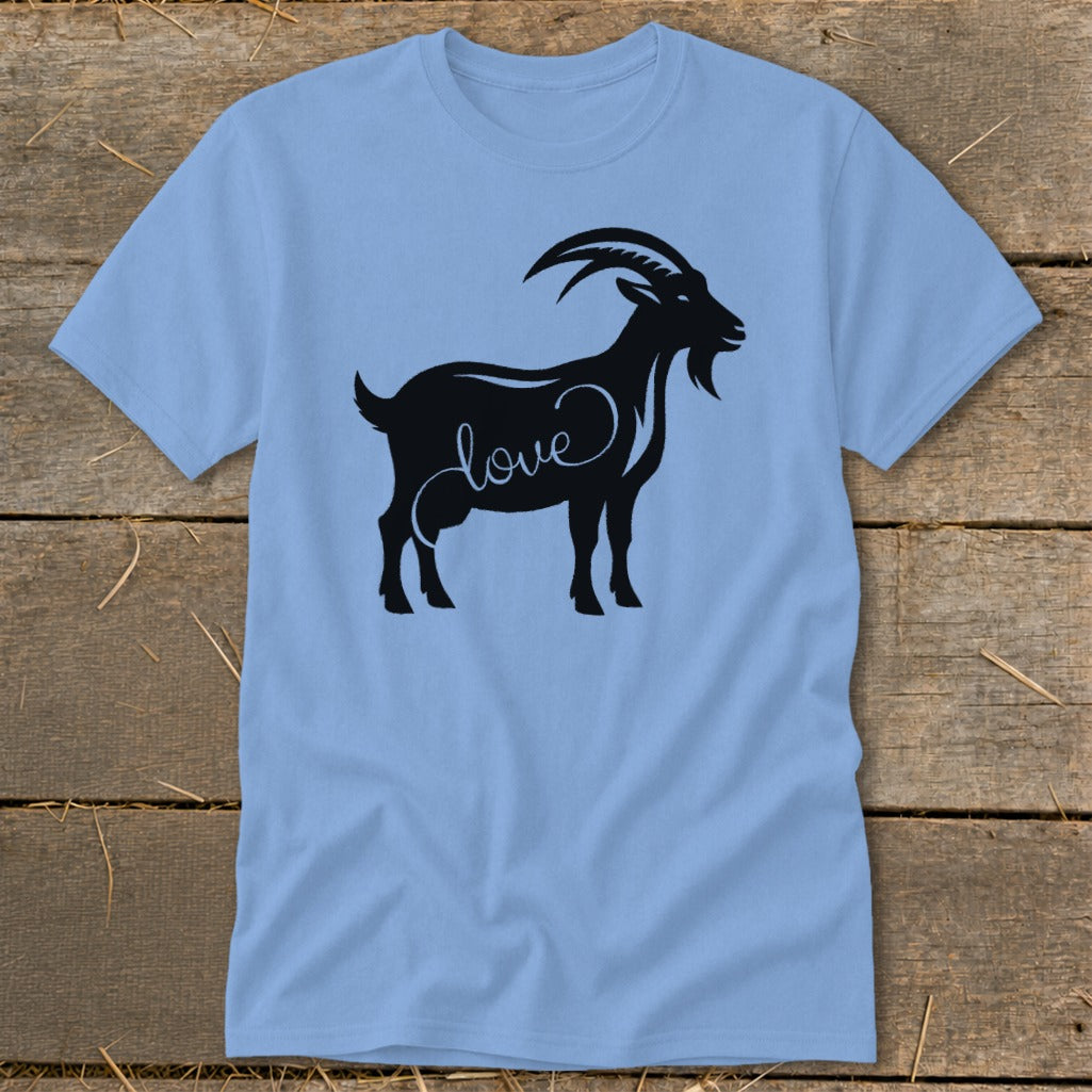 Light blue t-shirt with black goat silhouette and "love" text.