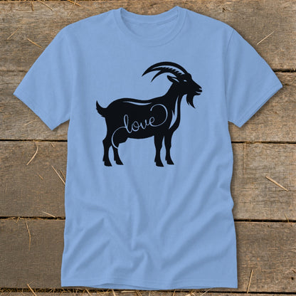 Light blue t-shirt with black goat silhouette and "love" text.