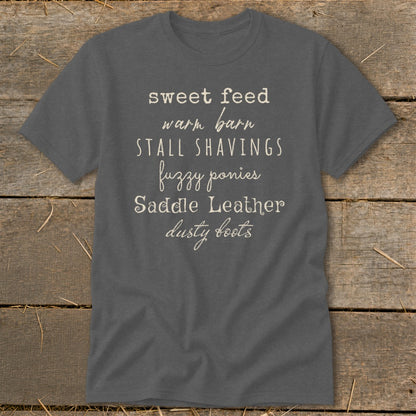 Dark grey t-shirt with white text listing horse-related phrases.