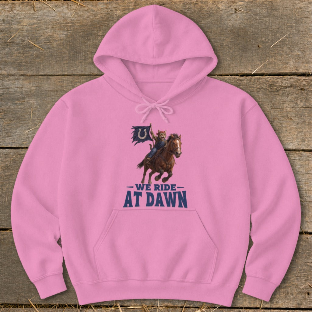 Pink hoodie with graphic of cat riding horse and text "We Ride At Dawn".