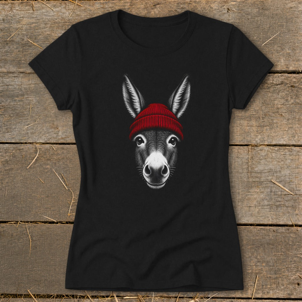 Black short-sleeved t-shirt featuring a front graphic of a donkey wearing a red beanie.