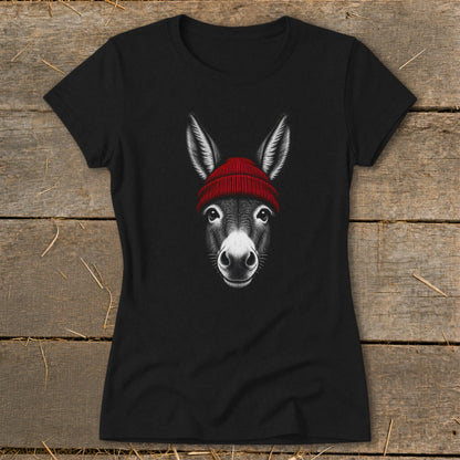 Black short-sleeved t-shirt featuring a front graphic of a donkey wearing a red beanie.