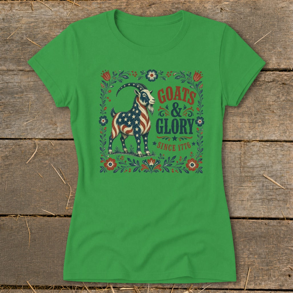 Green t-shirt with American flag goat and text "Goats & Glory Since 1776".